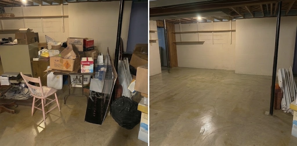 Basement storage room cleanout, before and after. Before image shows accumulated boxes, a bar chair, art supplies, and household goods stacked against the wall. After image shows the same basement room completely empty.