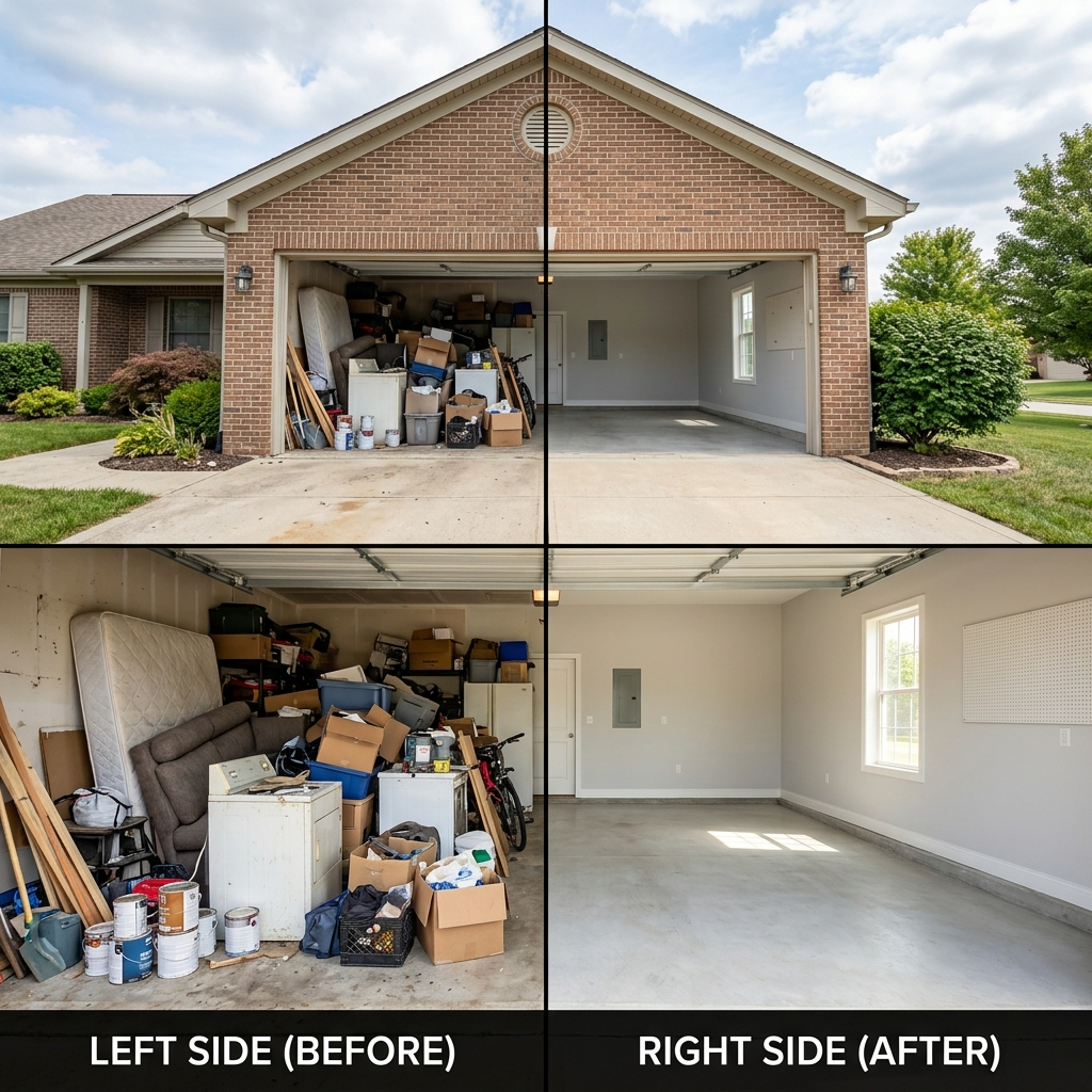 Two-car garage cleanout, before and after. Before image shows the garage stacked floor-to-ceiling with furniture, mattresses, appliances, paint cans, and boxes. After image shows the same garage completely empty and broom-clean.